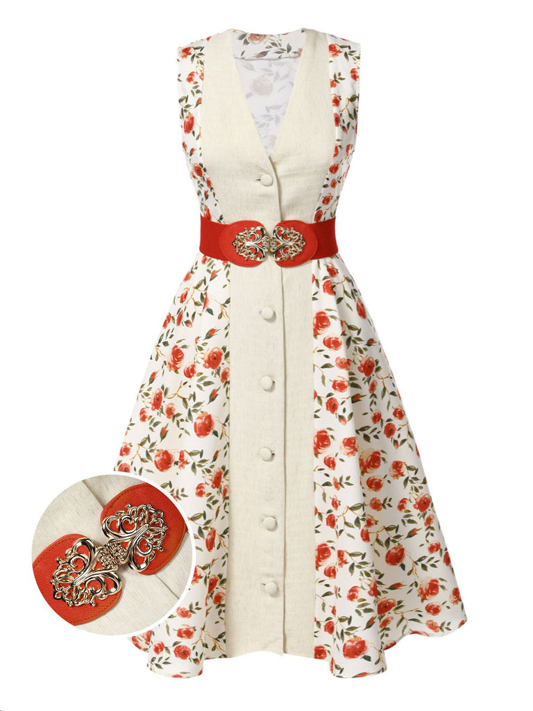 [Prévente] Robe ceinturée beige et rouge à motifs de roses peintes des années 1950