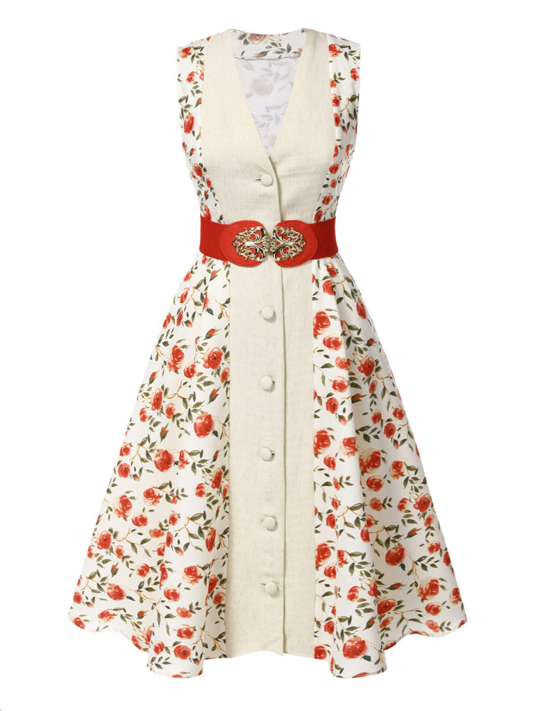 [Prévente] Robe ceinturée beige et rouge à motifs de roses peintes des années 1950