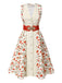 [Prévente] Robe ceinturée beige et rouge à motifs de roses peintes des années 1950