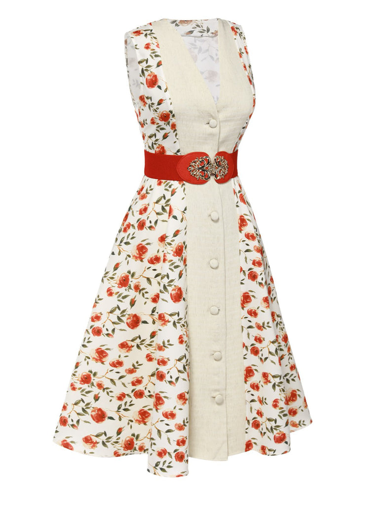[Prévente] Robe ceinturée beige et rouge à motifs de roses peintes des années 1950