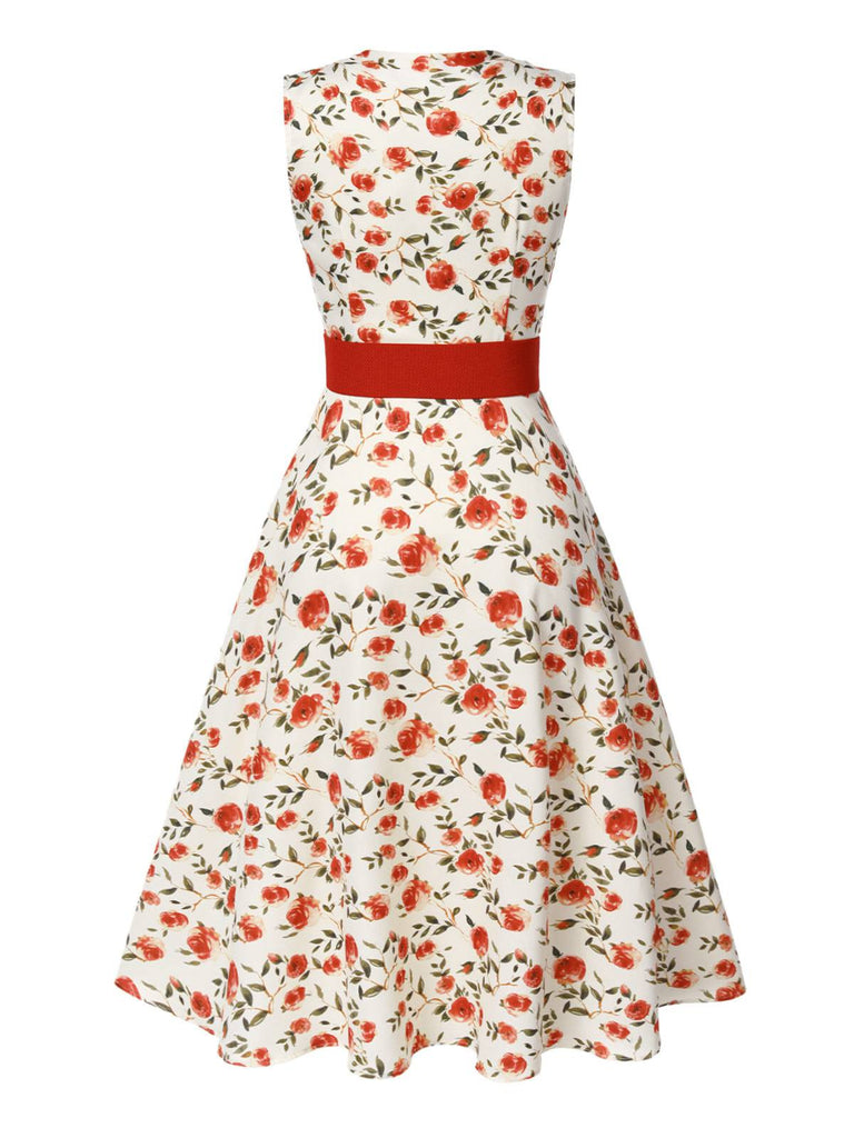 [Prévente] Robe ceinturée beige et rouge à motifs de roses peintes des années 1950
