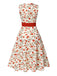 [Prévente] Robe ceinturée beige et rouge à motifs de roses peintes des années 1950