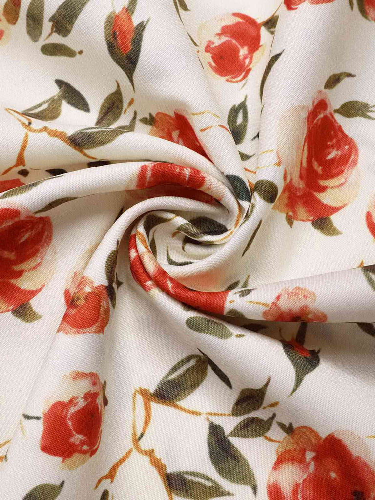 [Prévente] Robe ceinturée beige et rouge à motifs de roses peintes des années 1950