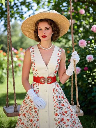 Robe ceinturée beige et rouge à motifs de roses peintes des années 1950