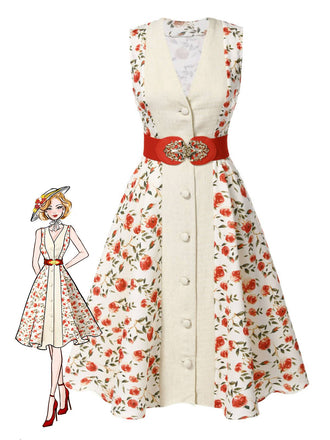 Robe ceinturée beige et rouge à motifs de roses peintes des années 1950