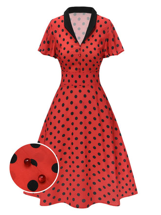 Robe rouge foncé à col en V et à pois des années 1950
