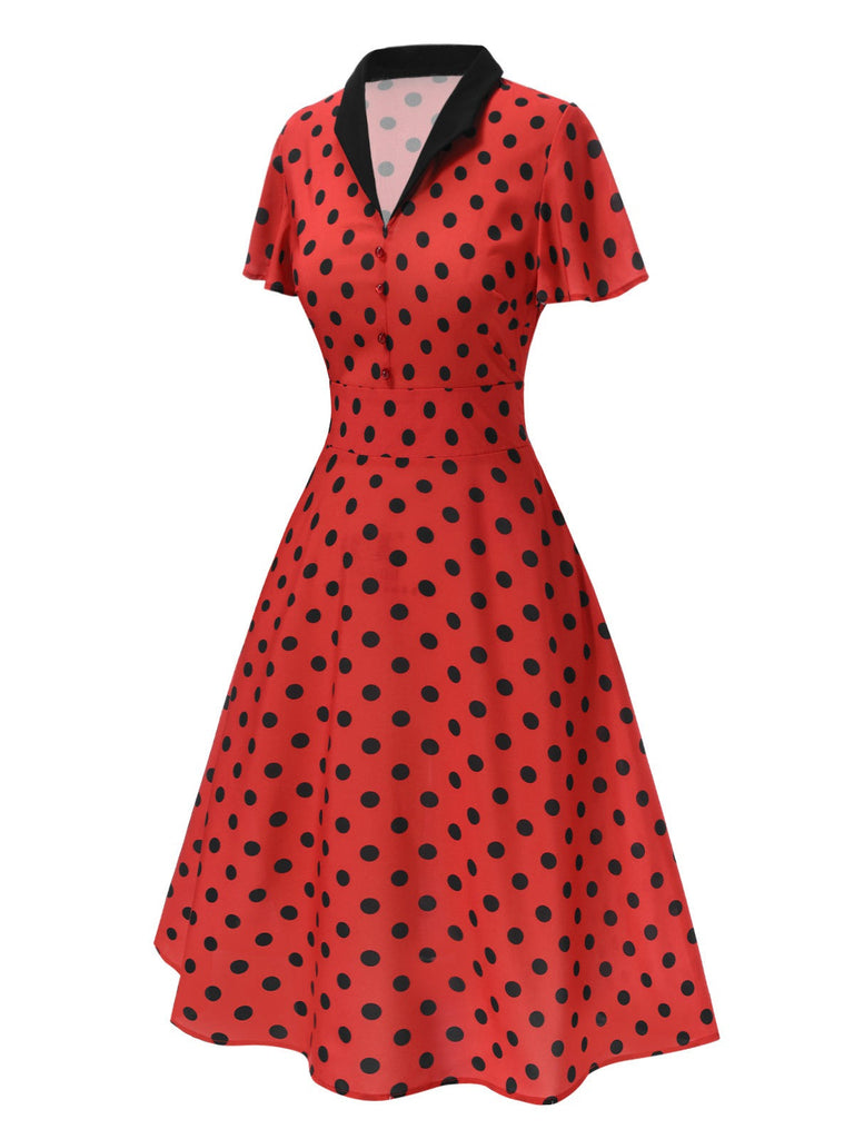 Robe rouge foncé à col en V et à pois des années 1950