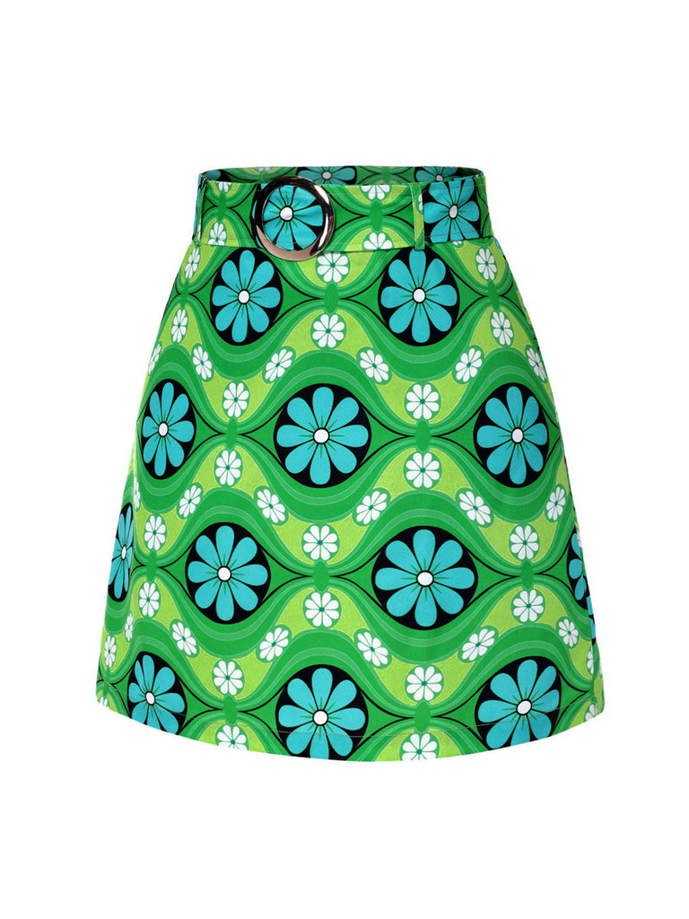 Mini-jupe verte à ceinture fleurie vintage des années 1960