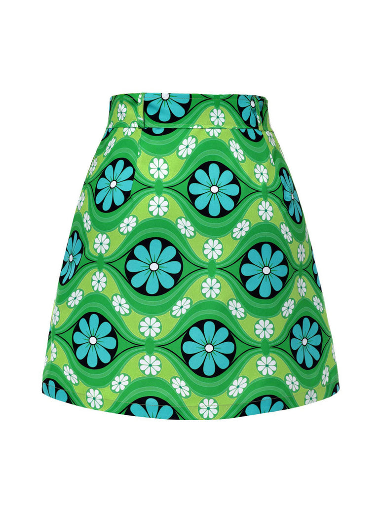 Mini-jupe verte à ceinture fleurie vintage des années 1960
