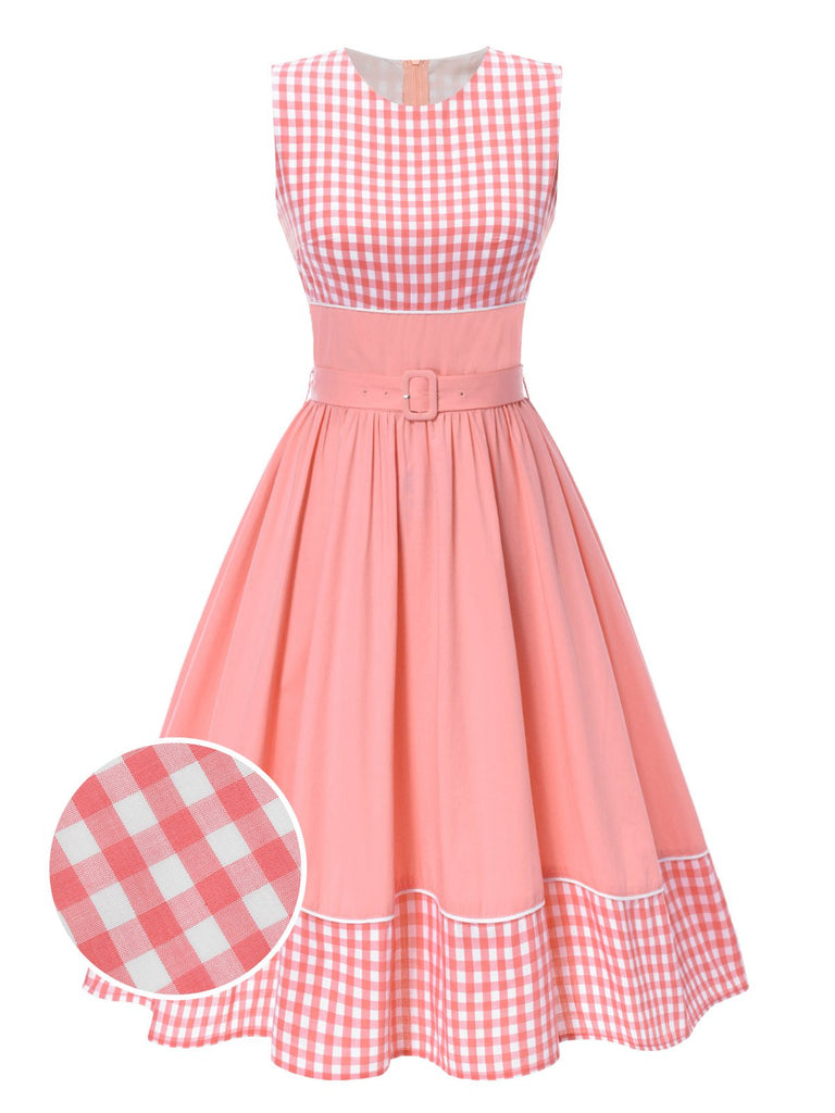 Robe patchwork en coton rose à carreaux vichy des années 1950