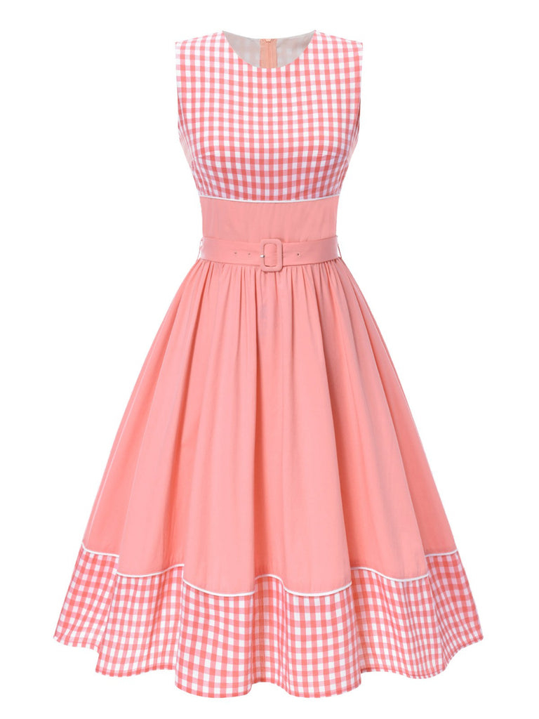 Robe patchwork en coton rose à carreaux vichy des années 1950