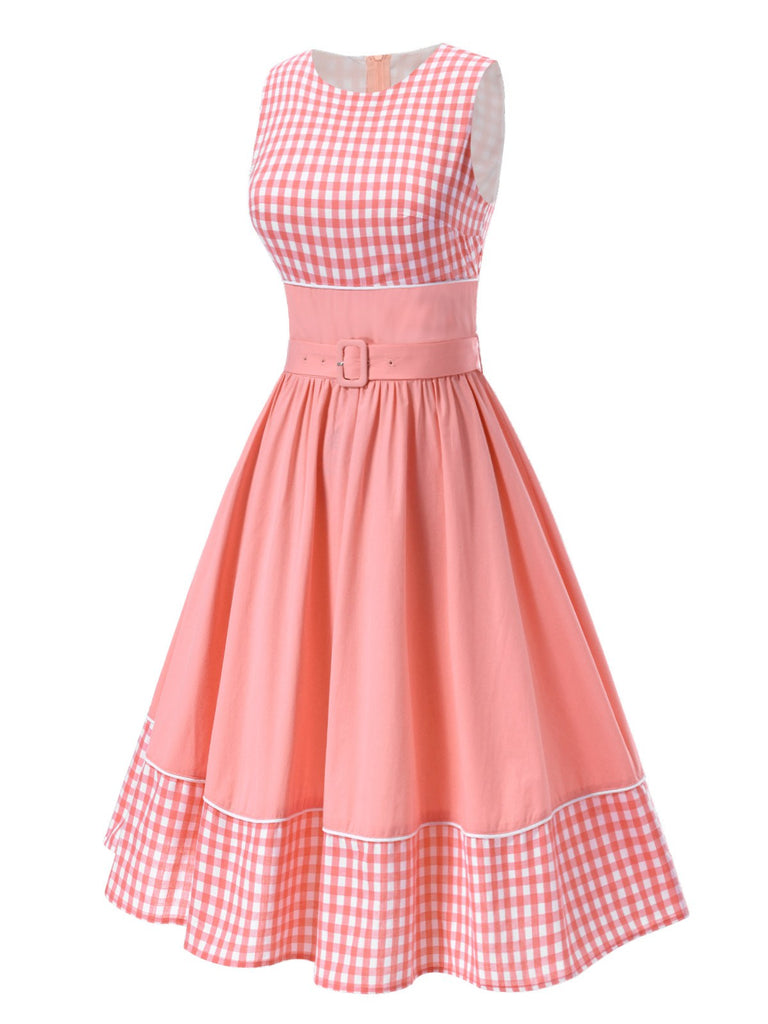 Robe patchwork en coton rose à carreaux vichy des années 1950