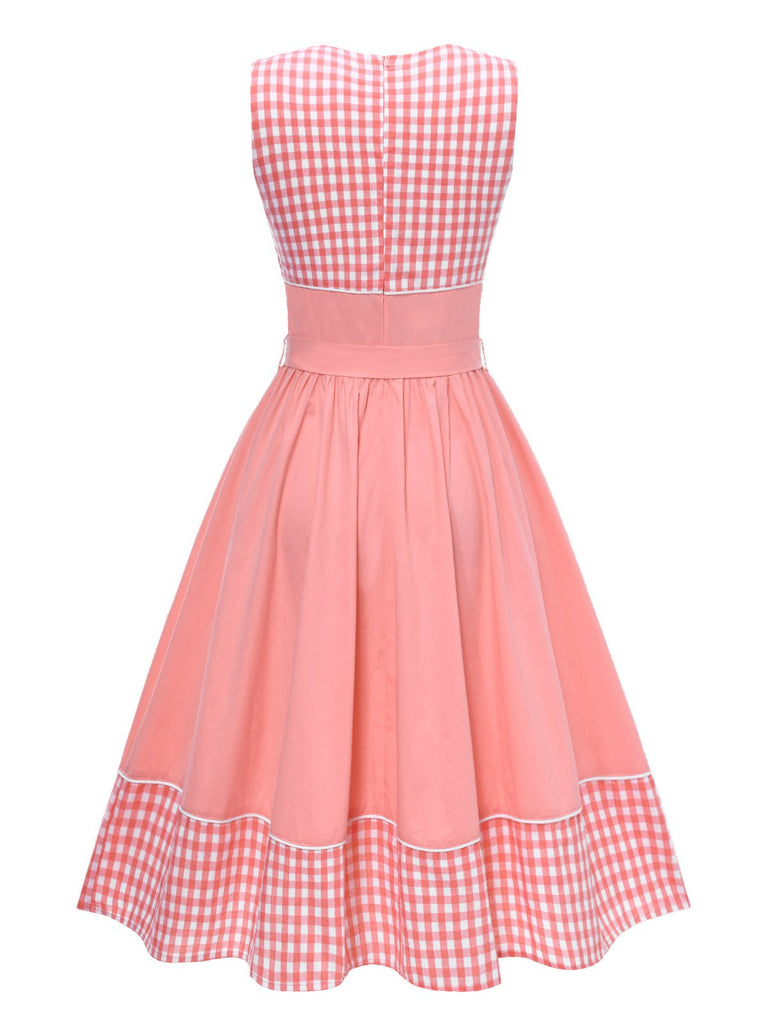 Robe patchwork en coton rose à carreaux vichy des années 1950