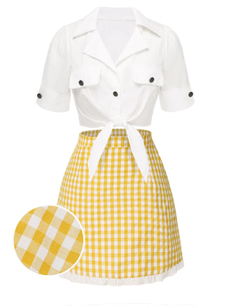 2PCS chemisier à revers noué devant et jupe à carreaux des années 1960
