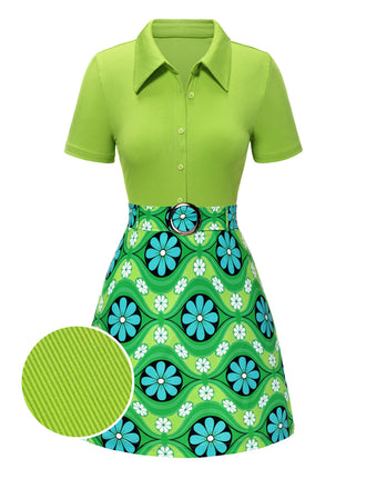 2PCS chemisier tricoté à revers vert et jupe fleurie des années 1960