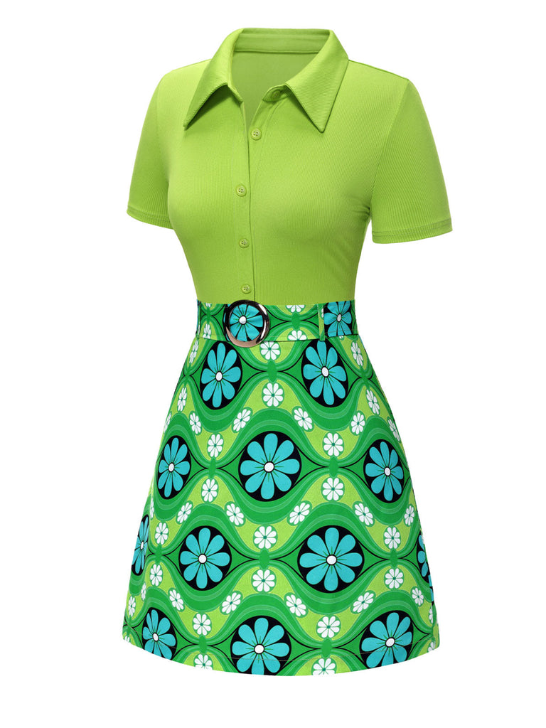 [Prévente] 2PCS chemisier tricoté à revers vert et jupe fleurie des années 1960