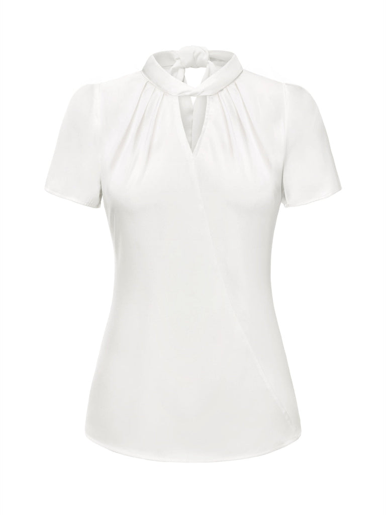 Chemisier en satin blanc uni à col trou de serrure des années 1930