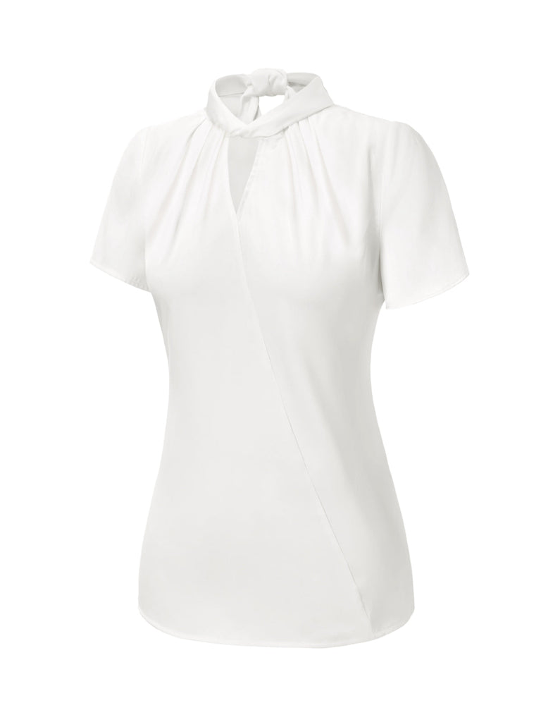Chemisier en satin blanc uni à col trou de serrure des années 1930