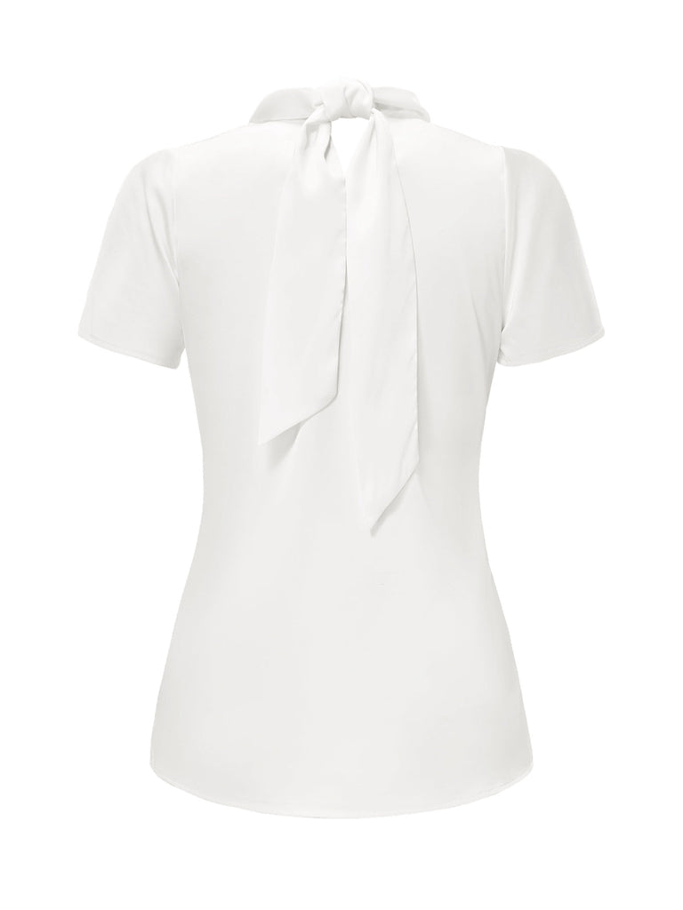 Chemisier en satin blanc uni à col trou de serrure des années 1930