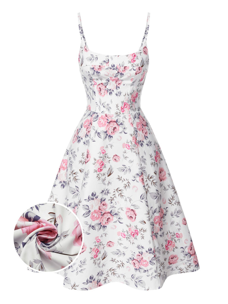 [Prévente] Robe à bretelles blanches et roses fleurie des années 1950