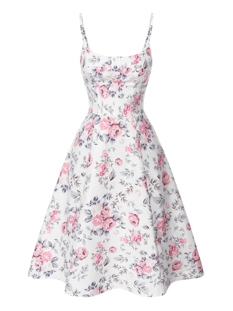 [Prévente] Robe à bretelles blanches et roses fleurie des années 1950