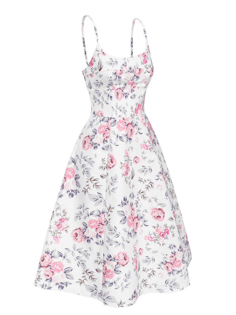 [Prévente] Robe à bretelles blanches et roses fleurie des années 1950