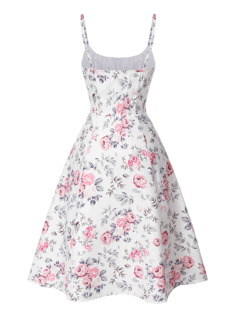 [Prévente] Robe à bretelles blanches et roses fleurie des années 1950