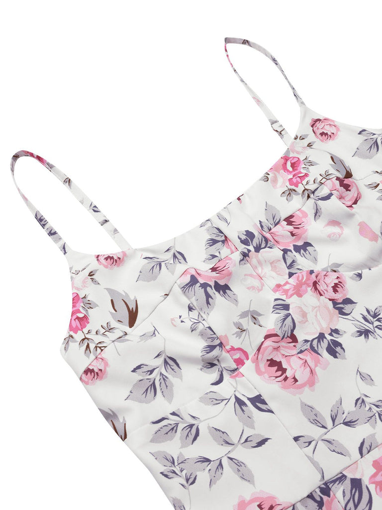 [Prévente] Robe à bretelles blanches et roses fleurie des années 1950