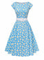 Robe bleue encolure bateau motif cheval bascule années 1950