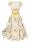 [Prévente] Robe jaune à fleurs antique col bateau ceinturée années 1950