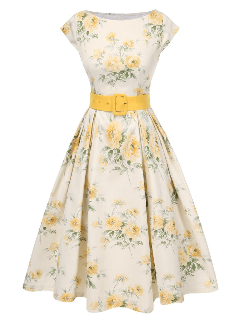 [Prévente] Robe jaune à fleurs antique col bateau ceinturée années 1950