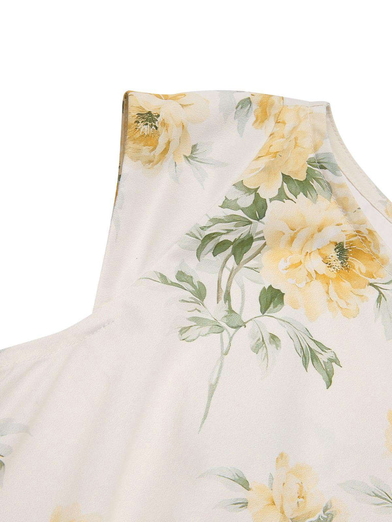 [Prévente] Robe jaune à fleurs antique col bateau ceinturée années 1950