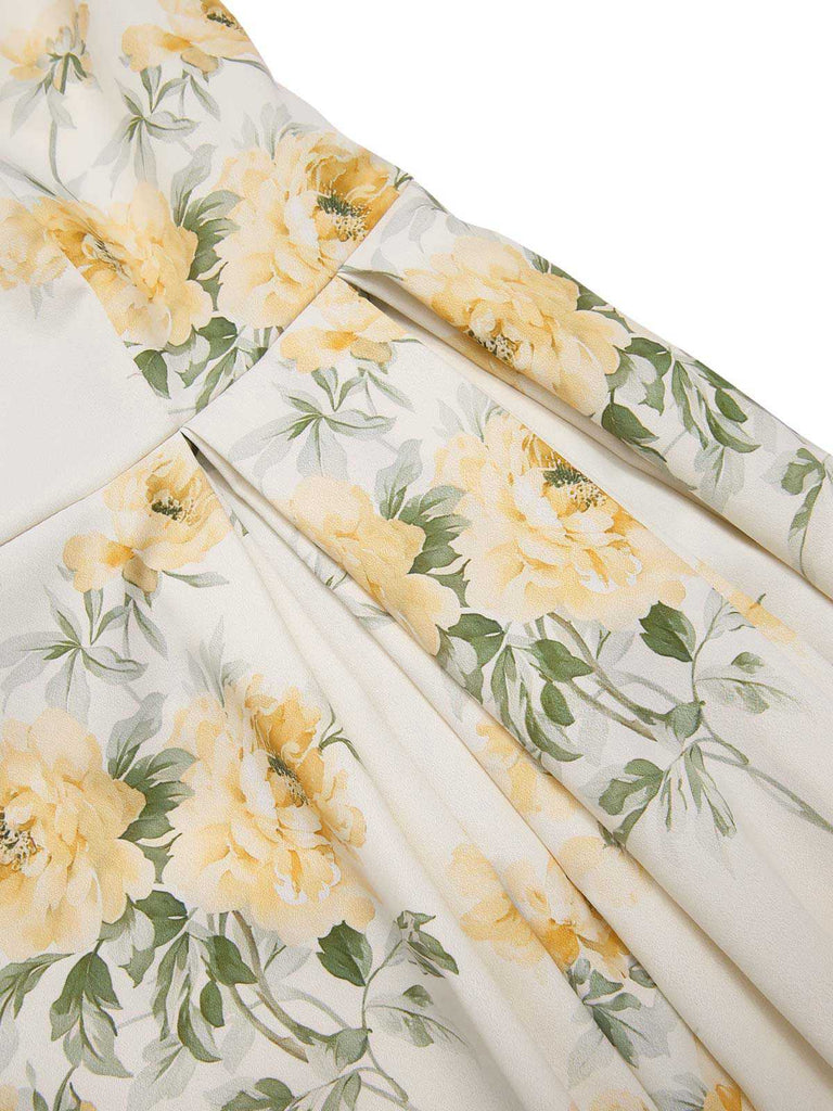 [Prévente] Robe jaune à fleurs antique col bateau ceinturée années 1950