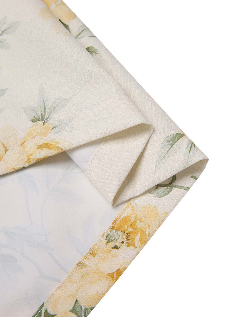 [Prévente] Robe jaune à fleurs antique col bateau ceinturée années 1950