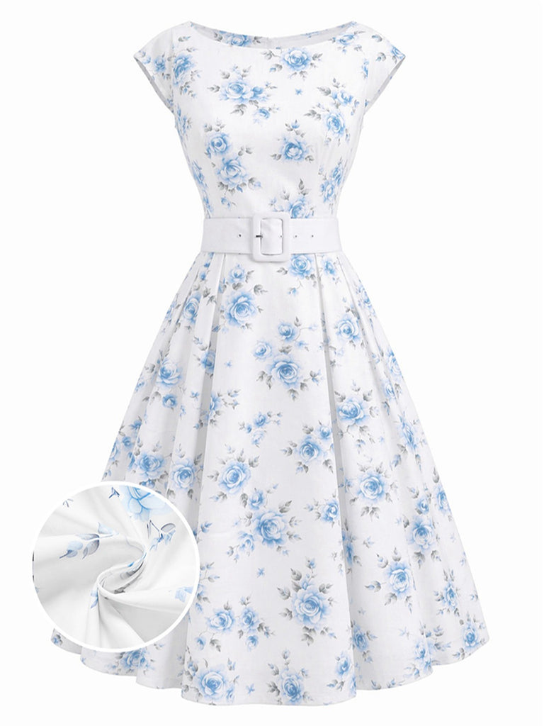 Robe jaune à fleurs col bateau ceinturée années 1950