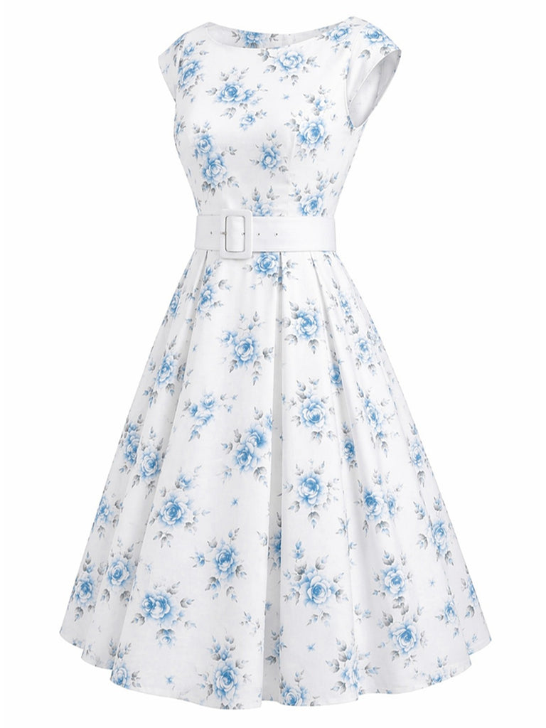 Robe jaune à fleurs col bateau ceinturée années 1950