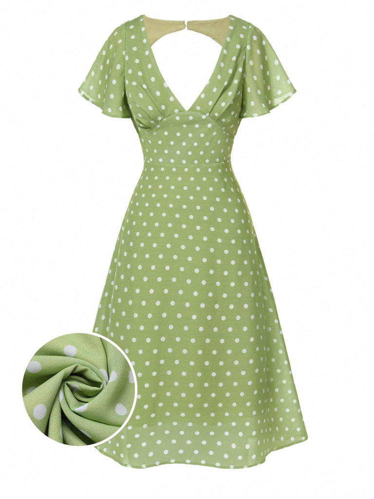 [Prévente] Robe verte à pois ajourés dans le dos des années 40