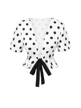 Haut blanc à pois col V profond ceinturé des années 1950