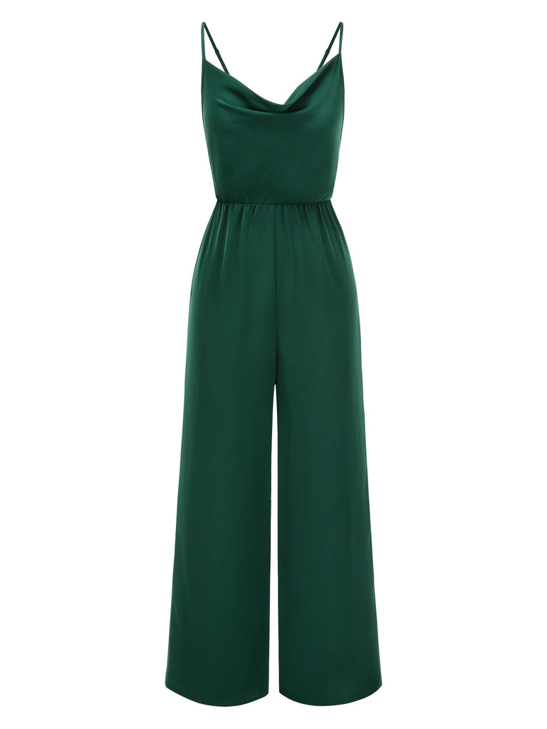 Combinaison à bretelles en satin vert foncé col bénitier années 1930