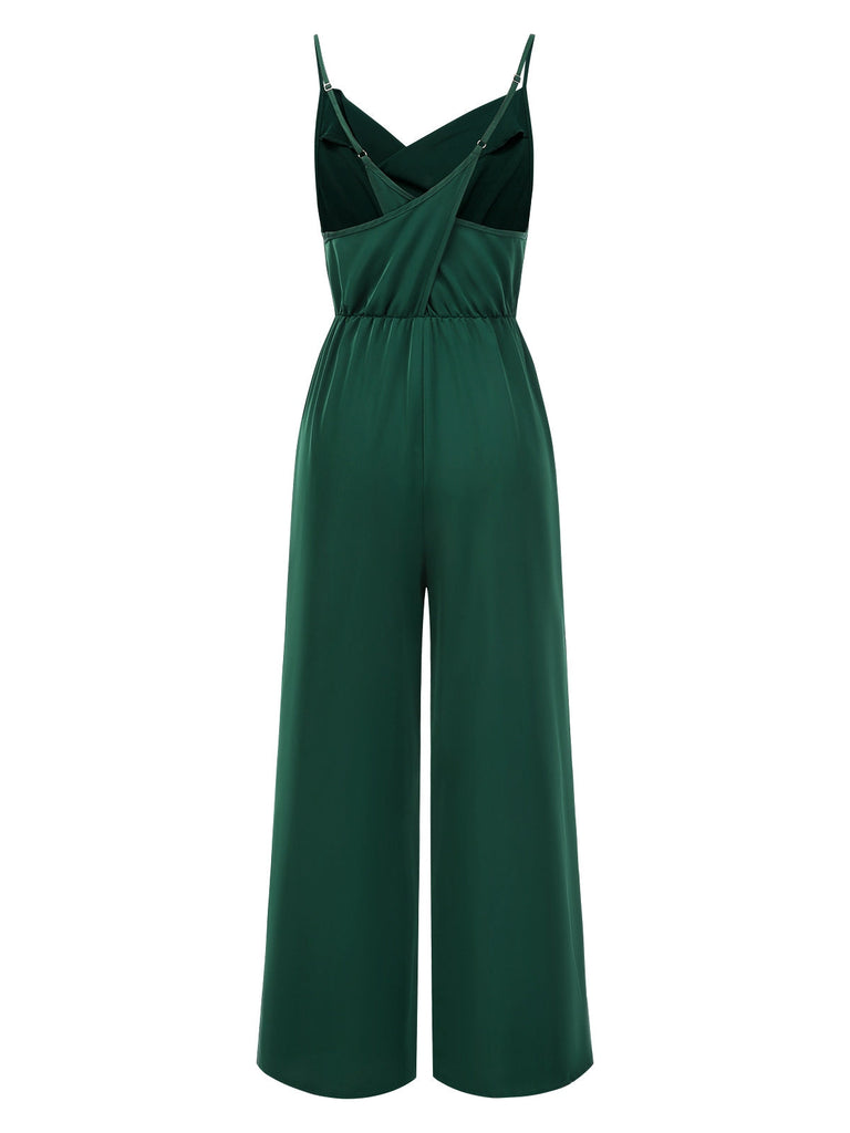 Combinaison à bretelles en satin vert foncé col bénitier années 1930