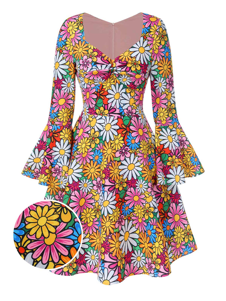 [Prévente] Robe hippie multicolore marguerites manches évasées des années 1960
