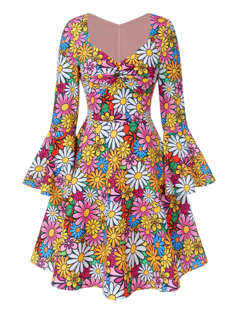 [Prévente] Robe hippie multicolore marguerites manches évasées des années 1960