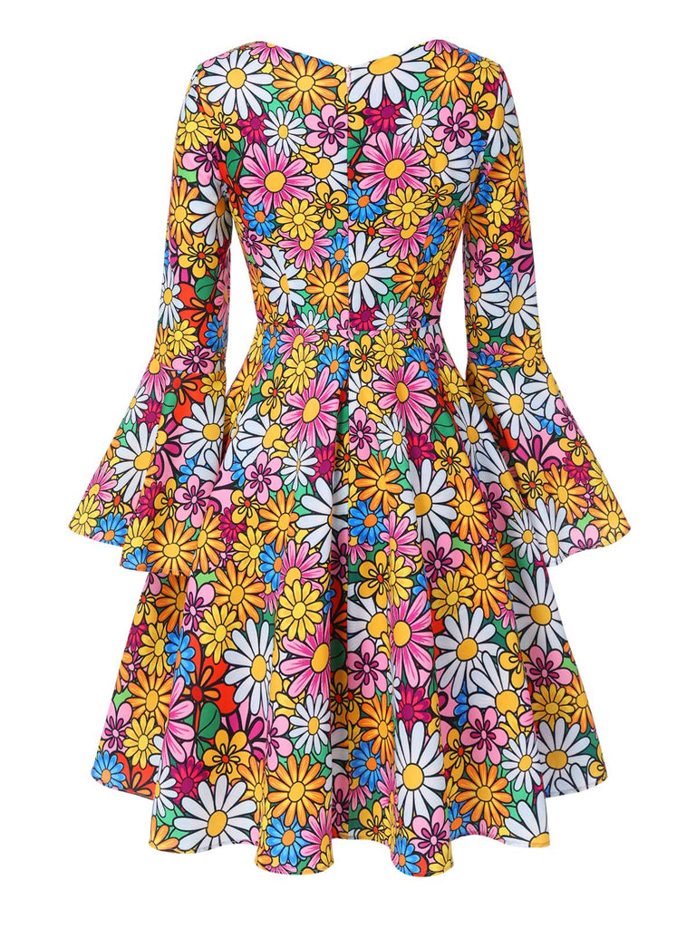 [Prévente] Robe hippie multicolore marguerites manches évasées des années 1960