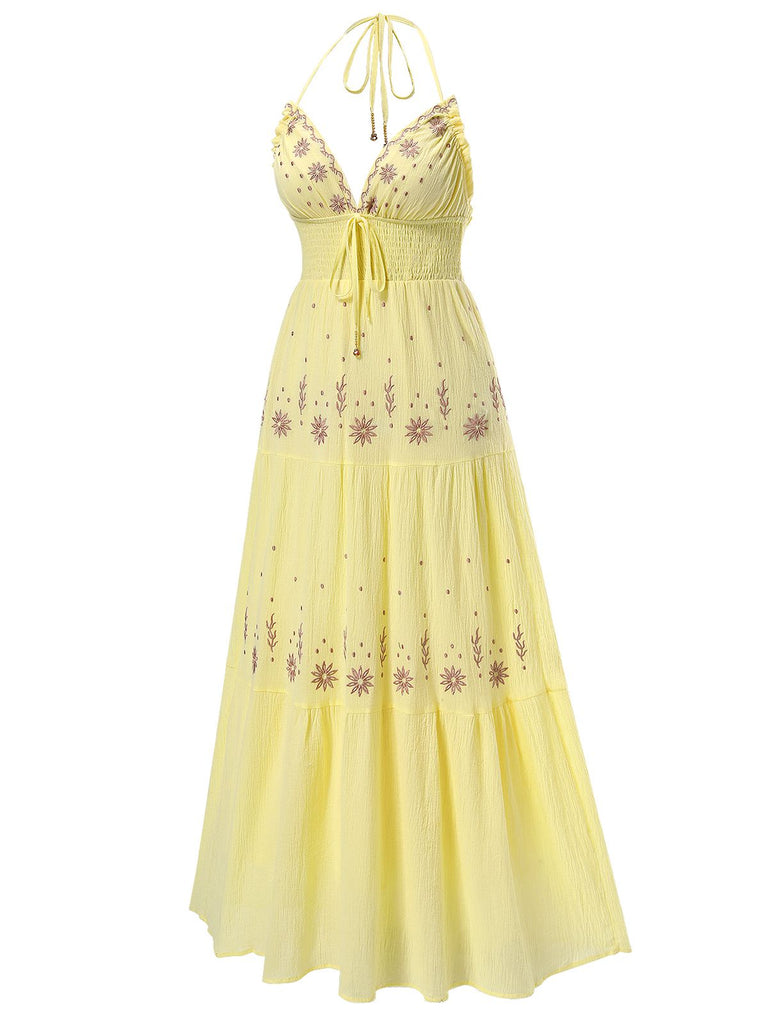 Robe fleurie brodée à col en V abricot des années 1930