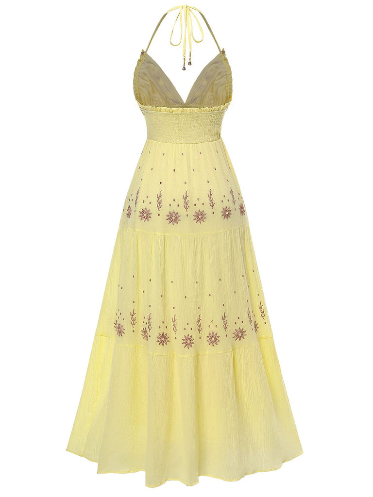 Robe fleurie brodée à col en V abricot des années 1930