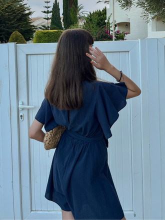 Combishort en coton bleu à manches volantées années 1950