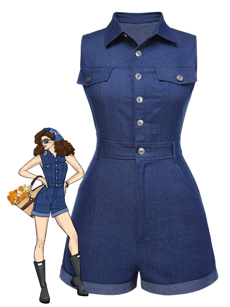 Combishort en jean bleu uni en coton à poches des années 1970