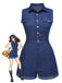 Combishort en jean bleu uni en coton à poches des années 1970