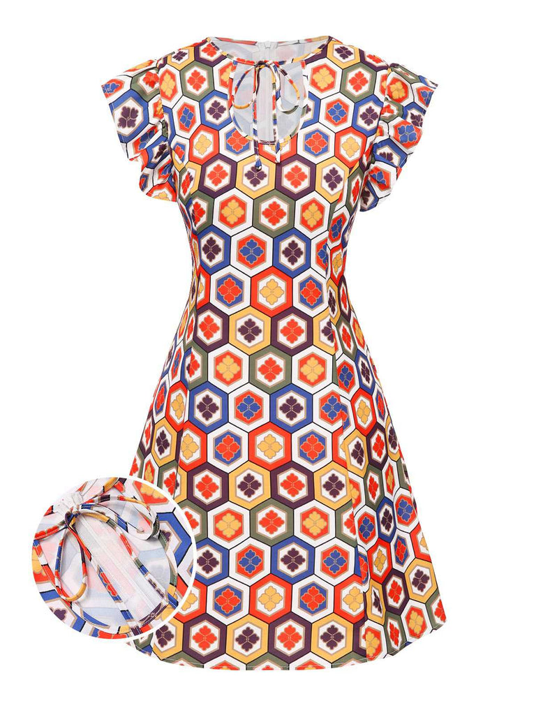 [Prévente] Robe col cravate à imprimés hexagonaux multicolores des années 1960
