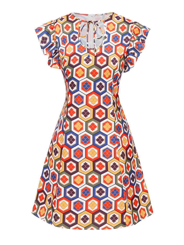 [Prévente] Robe col cravate à imprimés hexagonaux multicolores des années 1960